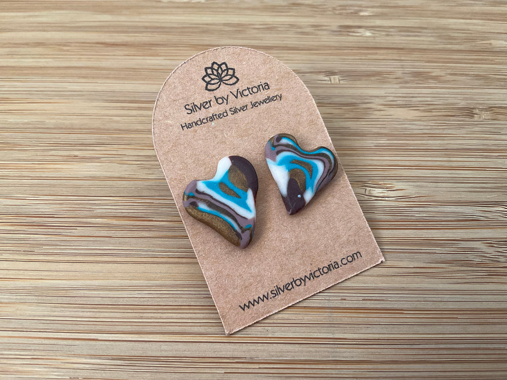 Brown, Blue & White Heart Polymer Clay Stud Earrings