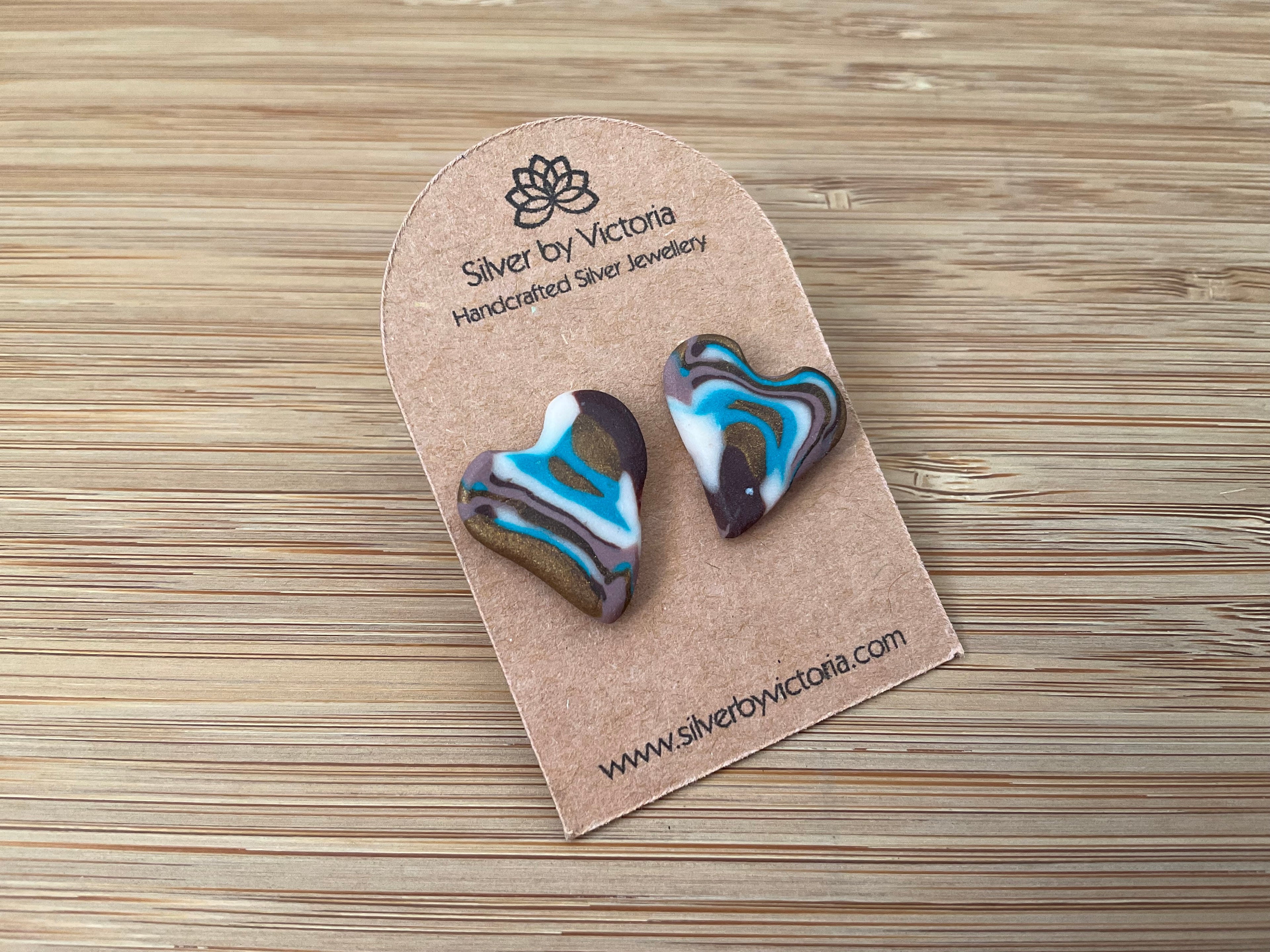 Brown, Blue & White Heart Polymer Clay Stud Earrings