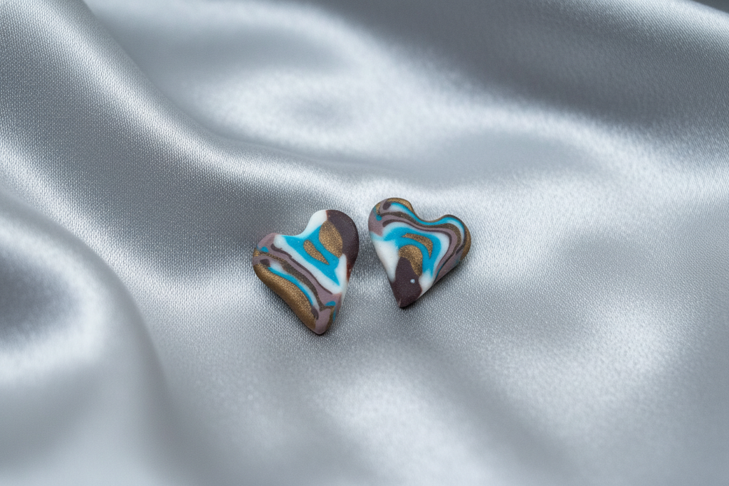 Brown, Blue & White Heart Polymer Clay Stud Earrings
