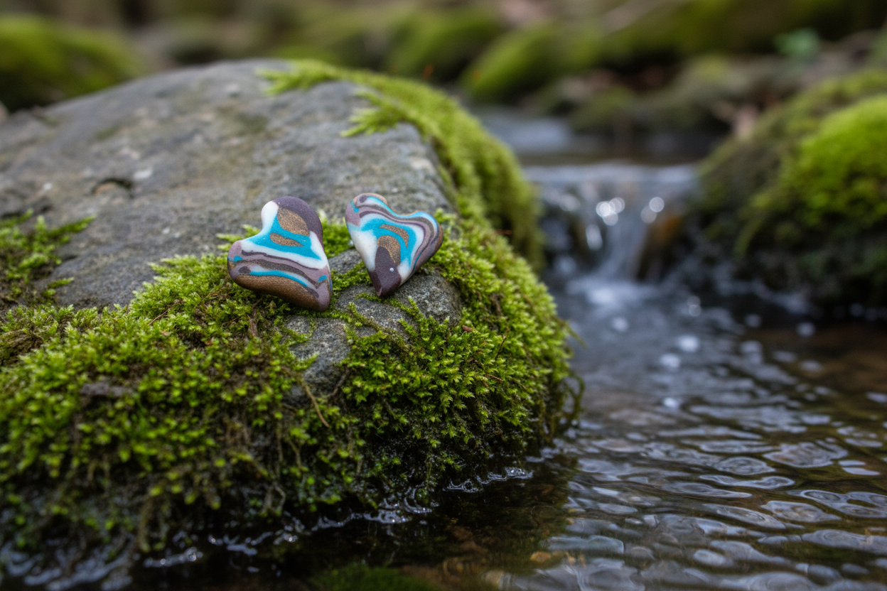 Brown, Blue & White Heart Polymer Clay Stud Earrings
