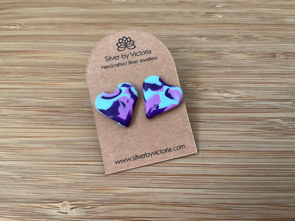 Purple & Blue Heart Polymer Clay Stud Earrings
