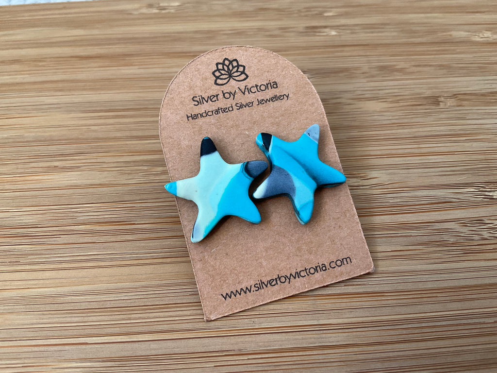 Blue, Black & White Star Polymer Clay Stud Earrings