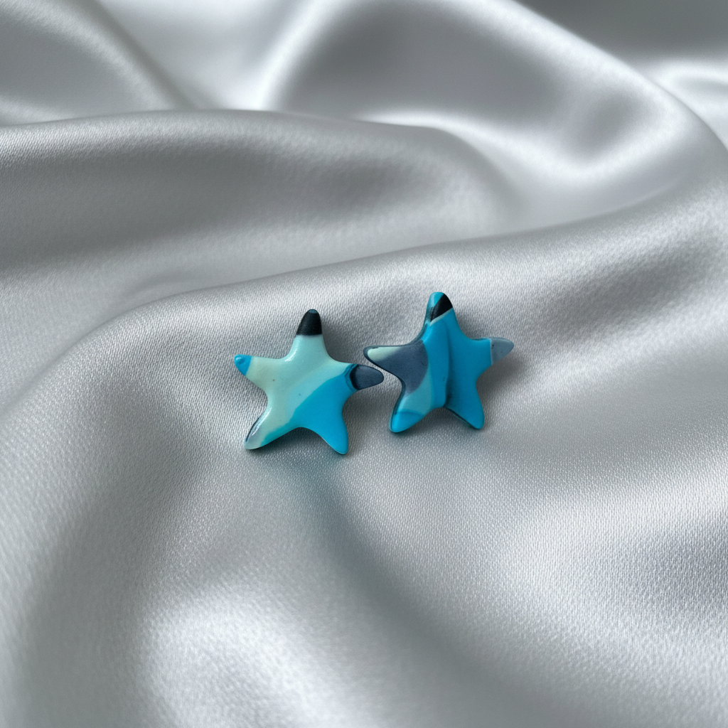 Blue, Black & White Star Polymer Clay Stud Earrings