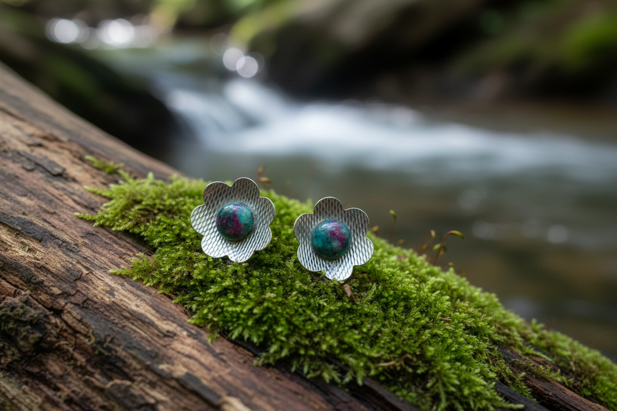 Ruby Fuchsite Upcycled Flower Stud Earrings